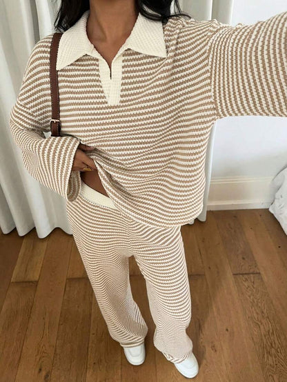 Striped Oversized Lounge Set – V-neck – 2 Piece Knit Outfit
