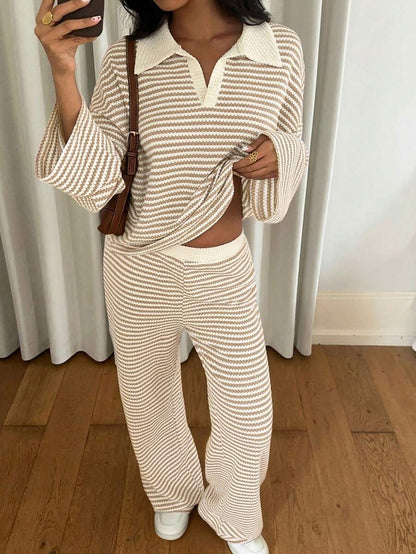 Striped Oversized Lounge Set – V-neck – 2 Piece Knit Outfit