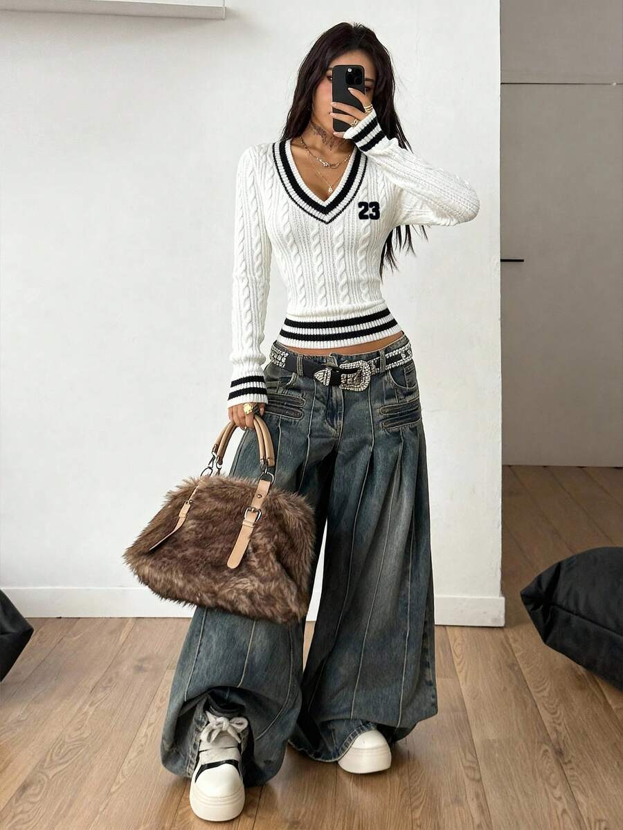 Vintage Ribbed Scoop Neck Sweater – Autumn / Winter – Y2K Knit Pullover