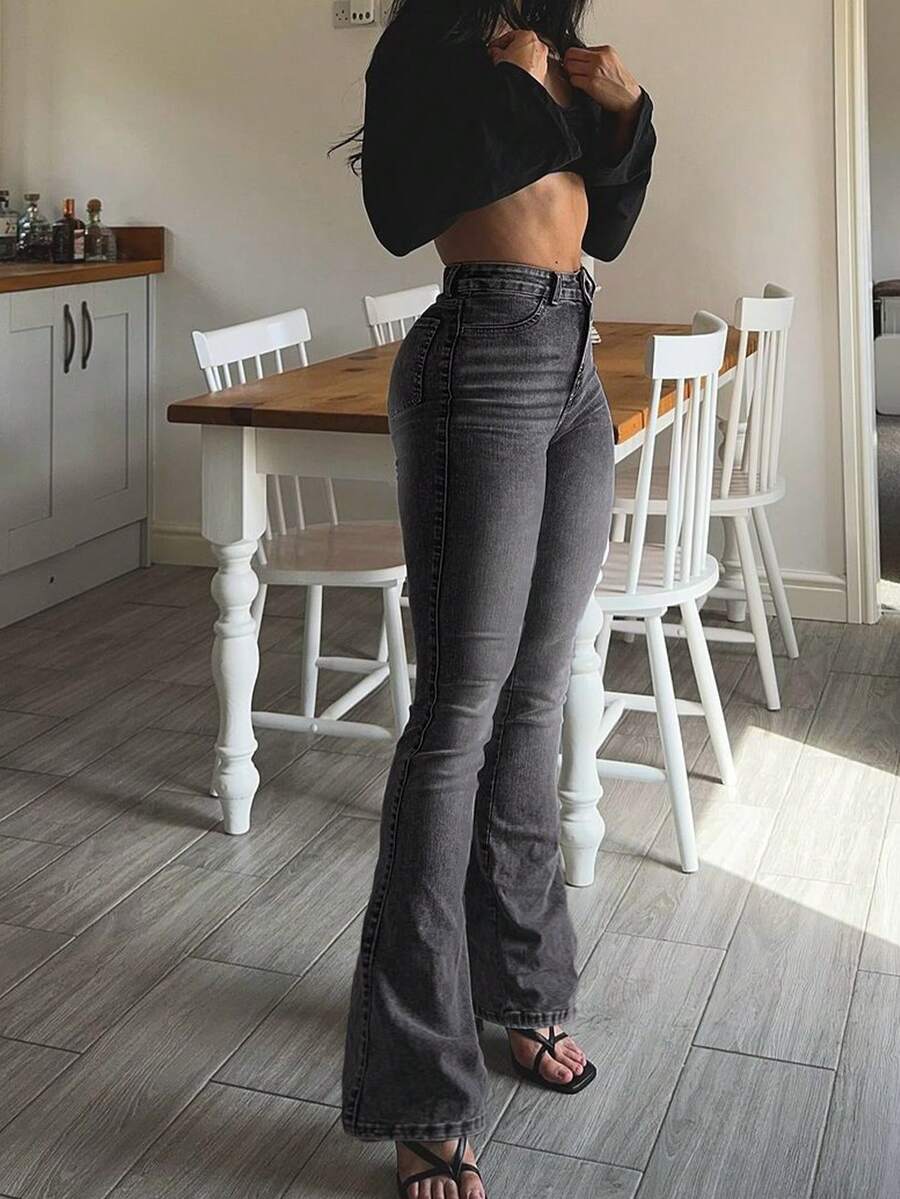 Women Y2K Flare Jeans – High Waist Stretch Denim – Embroidered Bow Slim Fit