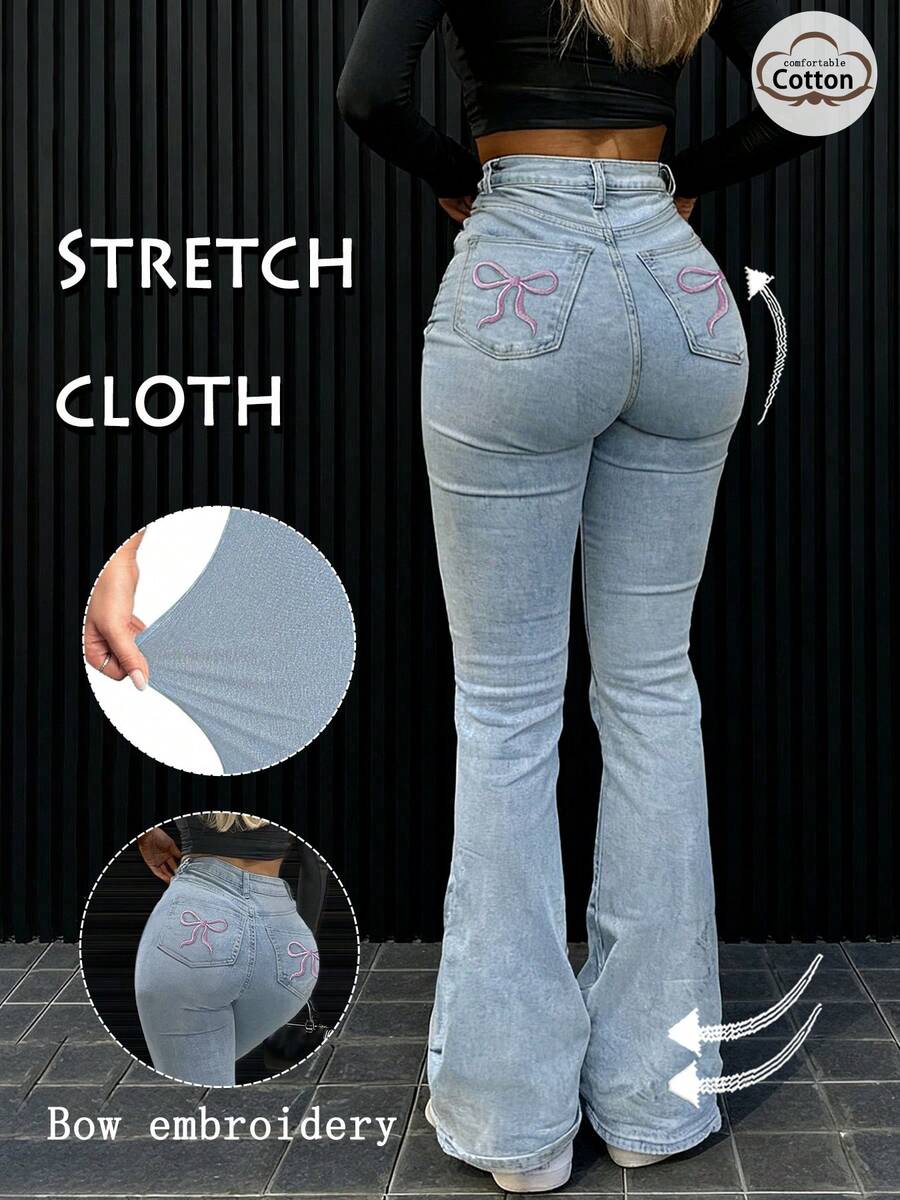 Women Y2K Flare Jeans – High Waist Stretch Denim – Embroidered Bow Slim Fit