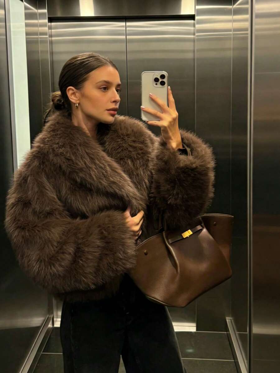 Faux Fur Collar Jacket – Women's Winter Coat – Date Brown Casual Outerwear