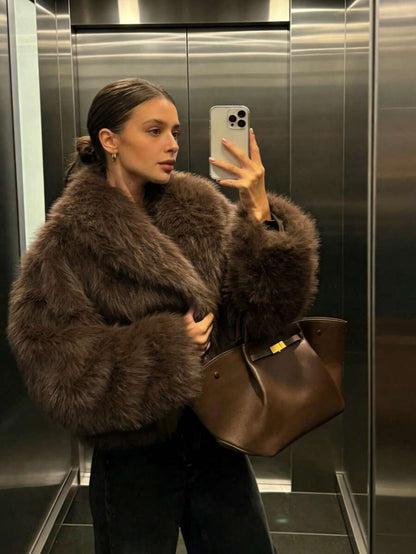 Faux Fur Collar Jacket – Women's Winter Coat – Date Brown Casual Outerwear