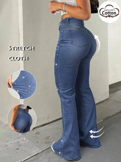 Women Y2K Flare Jeans – High Waist Stretch Denim – Embroidered Bow Slim Fit