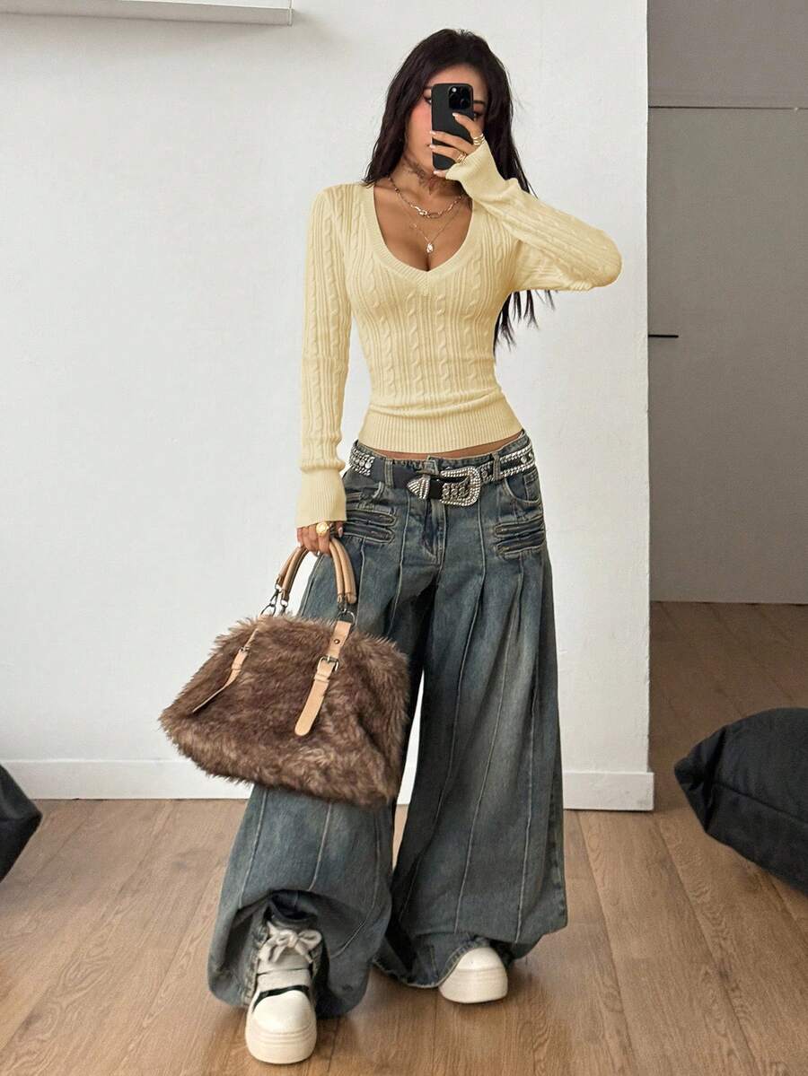 Vintage Ribbed Scoop Neck Sweater – Autumn / Winter – Y2K Knit Pullover