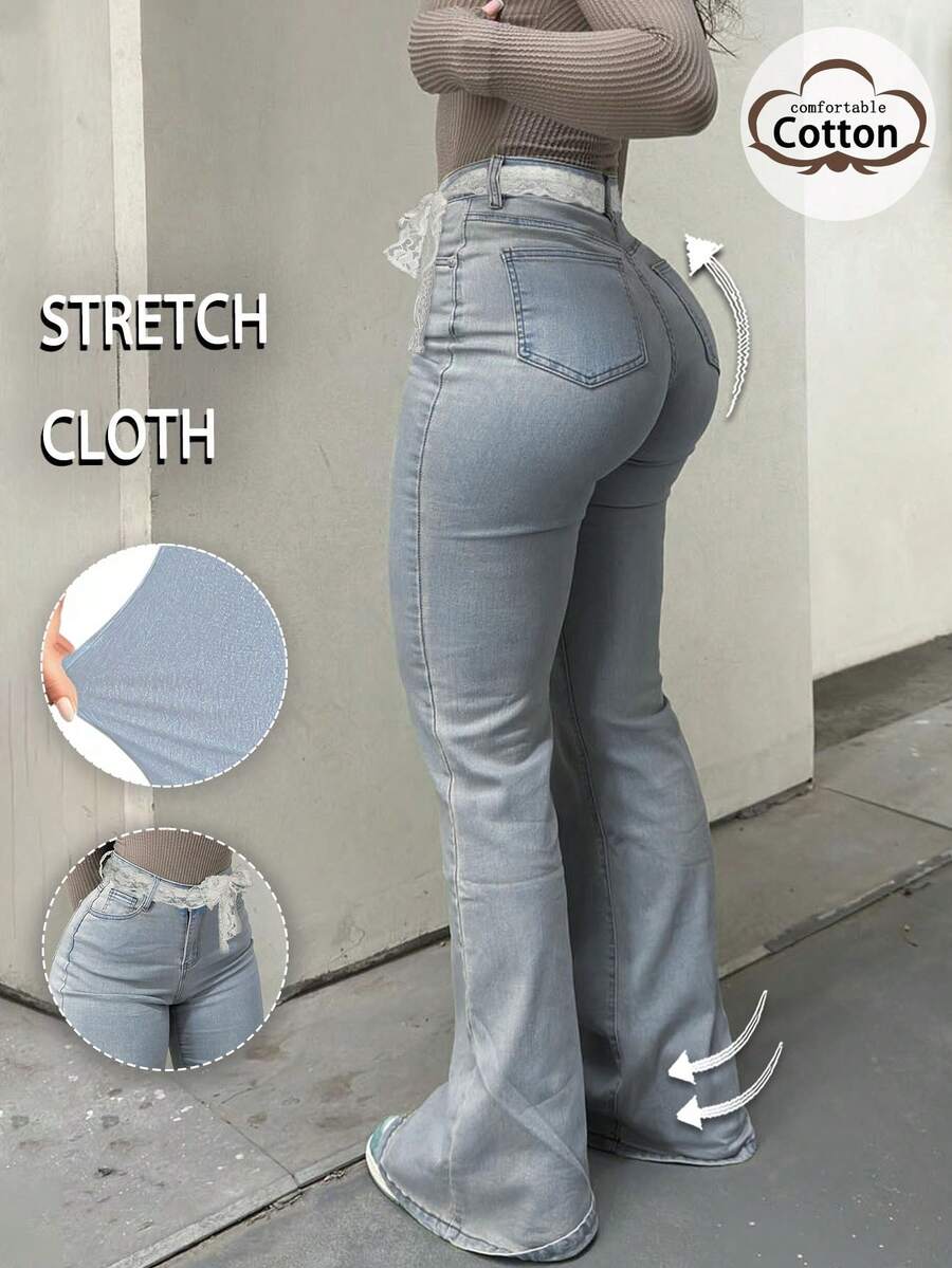 Women Y2K Flare Jeans – High Waist Stretch Denim – Embroidered Bow Slim Fit