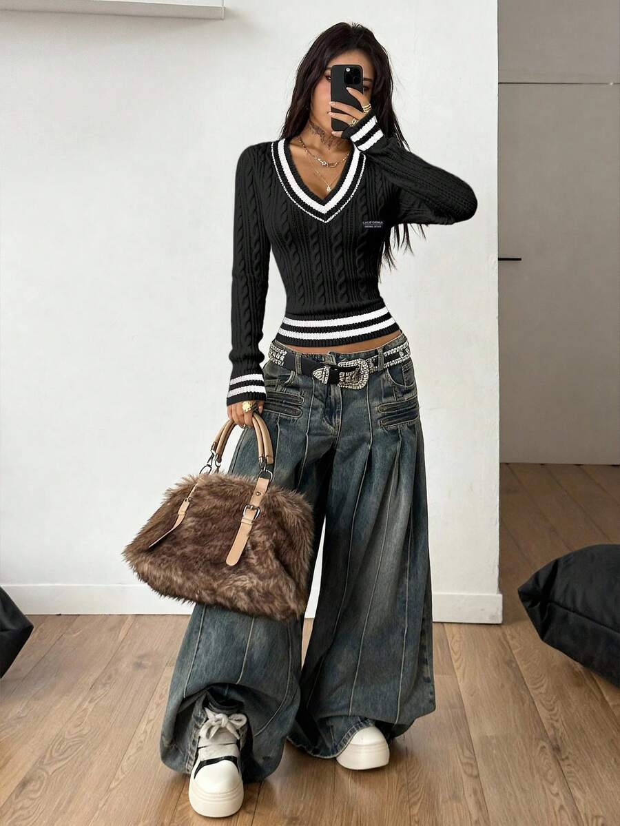 Vintage Ribbed Scoop Neck Sweater – Autumn / Winter – Y2K Knit Pullover