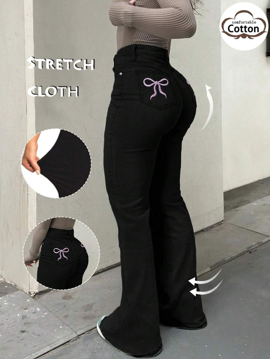 Women Y2K Flare Jeans – High Waist Stretch Denim – Embroidered Bow Slim Fit