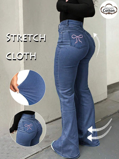 Women Y2K Flare Jeans – High Waist Stretch Denim – Embroidered Bow Slim Fit