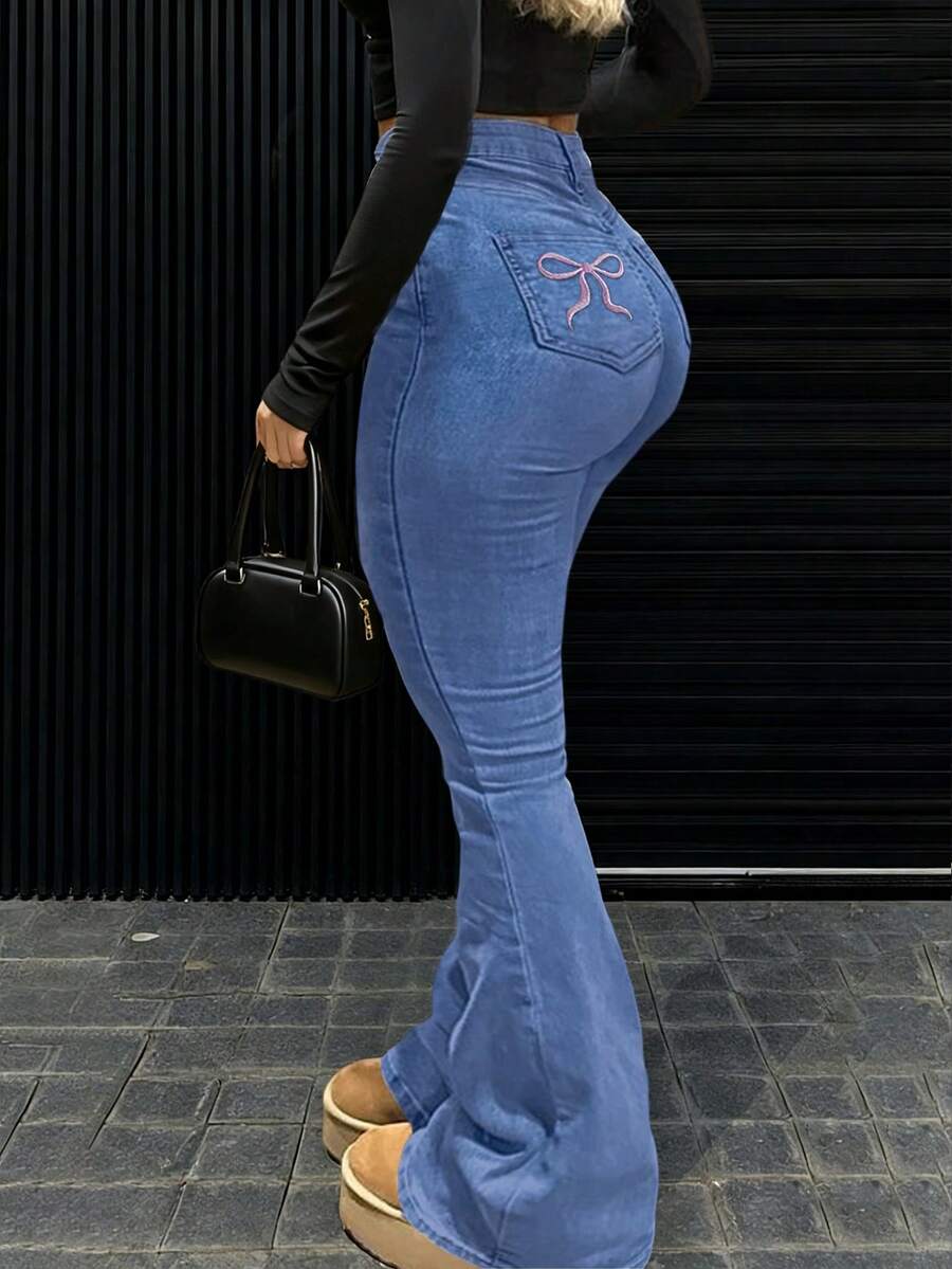 Women Y2K Flare Jeans – High Waist Stretch Denim – Embroidered Bow Slim Fit