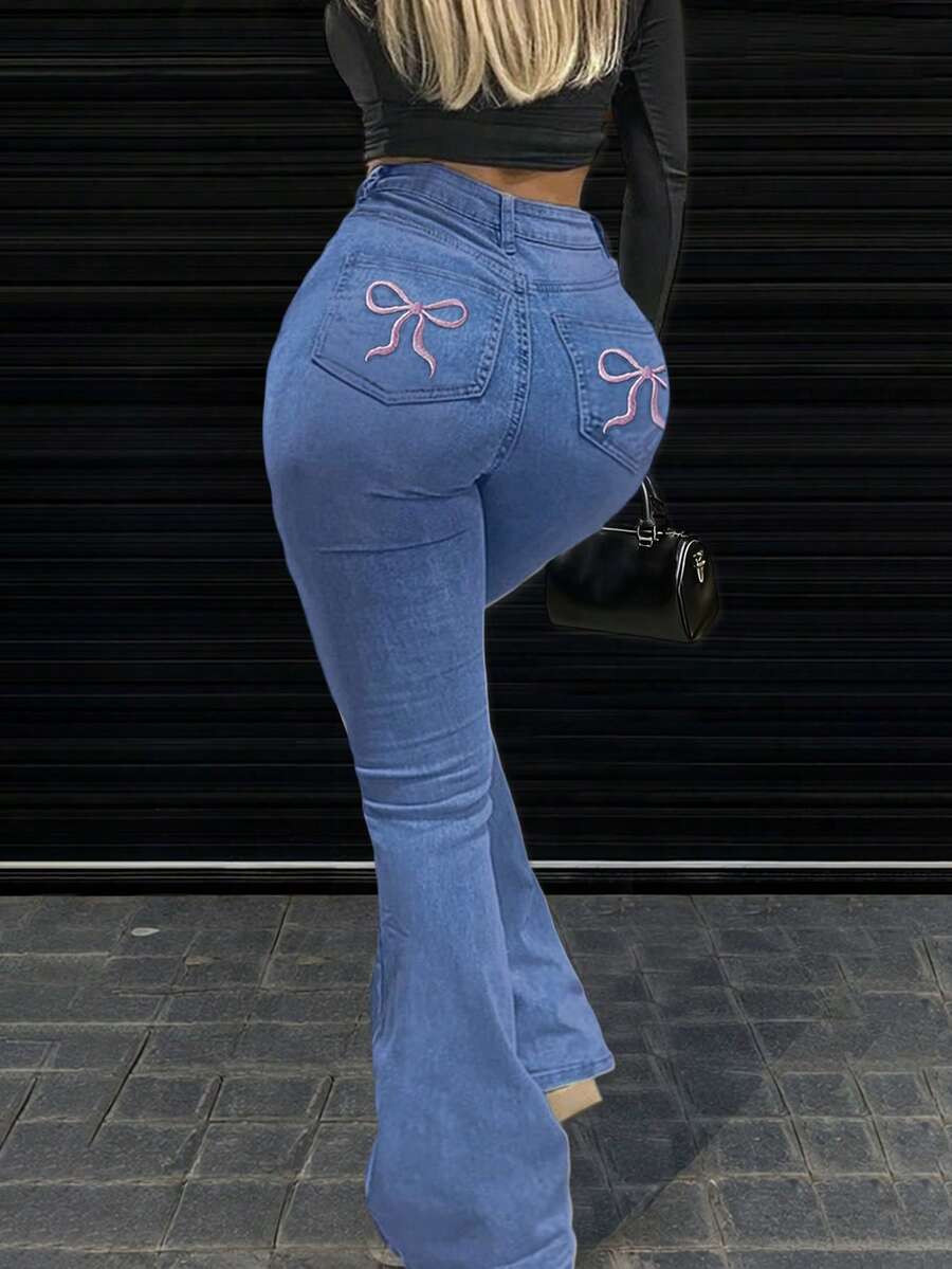 Women Y2K Flare Jeans – High Waist Stretch Denim – Embroidered Bow Slim Fit