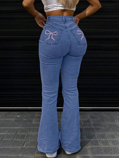Women Y2K Flare Jeans – High Waist Stretch Denim – Embroidered Bow Slim Fit