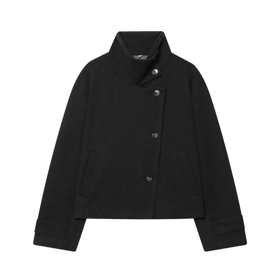 Women Short Jacket Khaki – Minimalist Button Coat – Casual Structured Fit