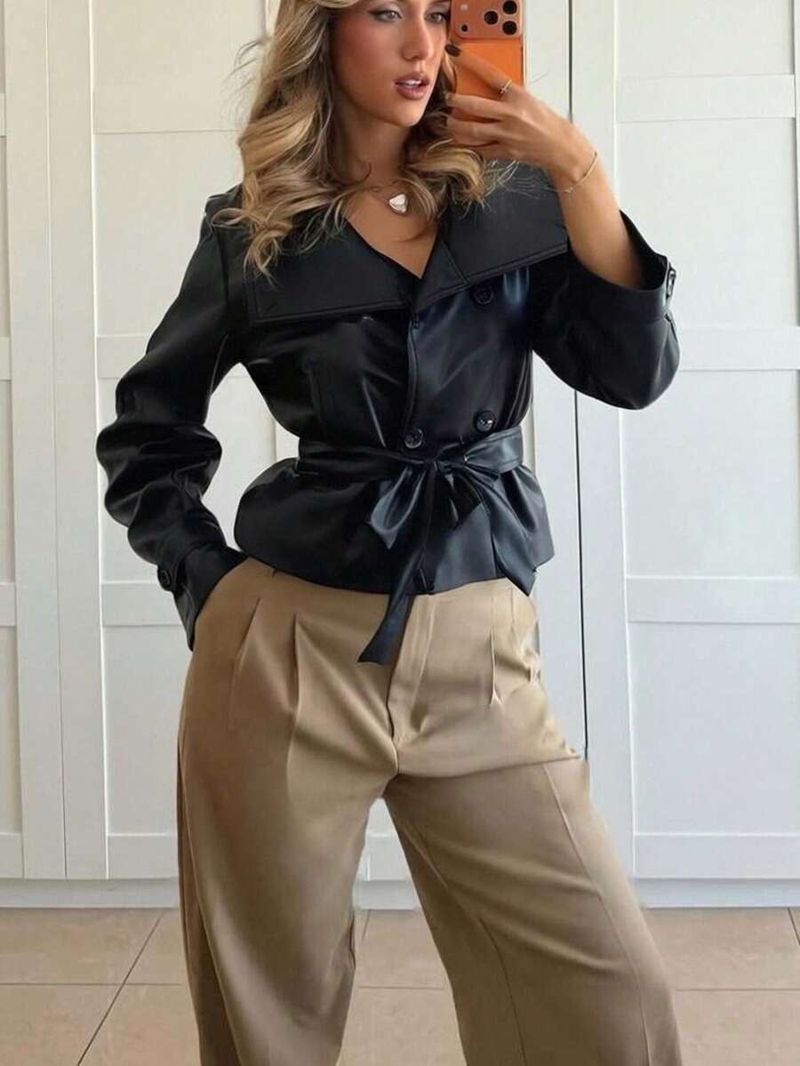 Women Vintage PU Leather Jacket – Retro – Relaxed Fit Zip Up Coat
