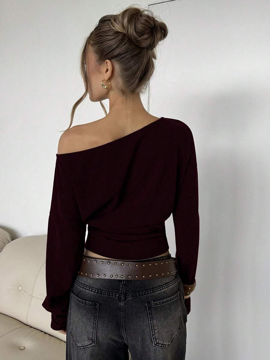 Asymmetrical Knit Long Sleeve Top – Stretch – Casual Autumn Sweater
