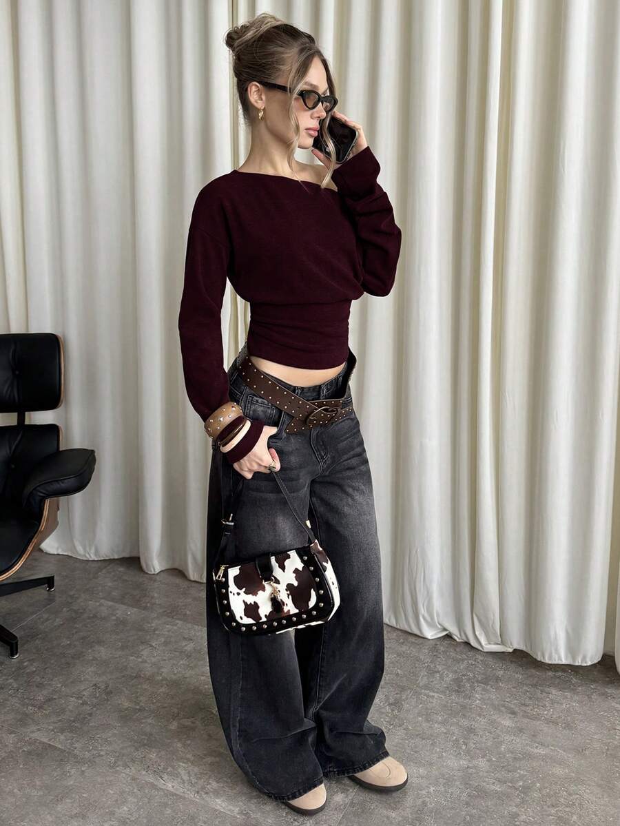 Asymmetrical Knit Long Sleeve Top – Stretch – Casual Autumn Sweater