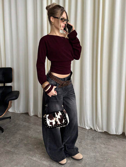 Asymmetrical Knit Long Sleeve Top – Stretch – Casual Autumn Sweater