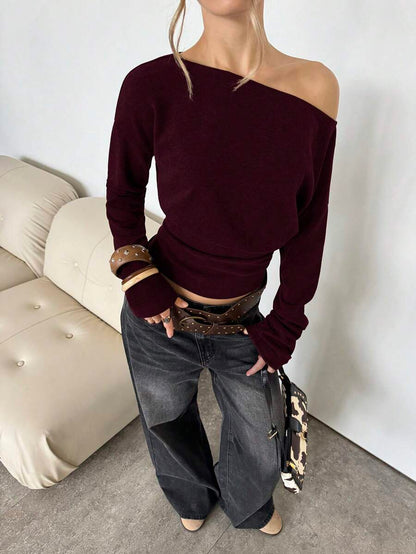 Asymmetrical Knit Long Sleeve Top – Stretch – Casual Autumn Sweater