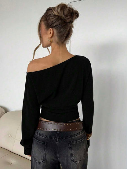 Asymmetrical Knit Long Sleeve Top – Stretch – Casual Autumn Sweater