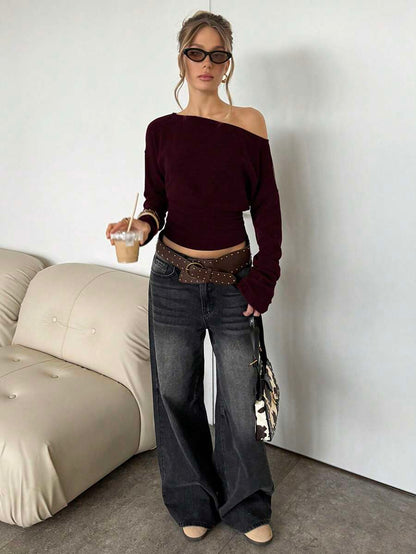 Asymmetrical Knit Long Sleeve Top – Stretch – Casual Autumn Sweater