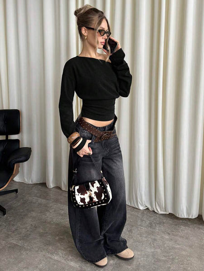 Asymmetrical Knit Long Sleeve Top – Stretch – Casual Autumn Sweater