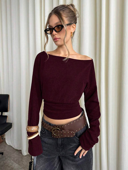 Asymmetrical Knit Long Sleeve Top – Stretch – Casual Autumn Sweater