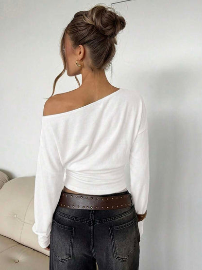 Asymmetrical Knit Long Sleeve Top – Stretch – Casual Autumn Sweater