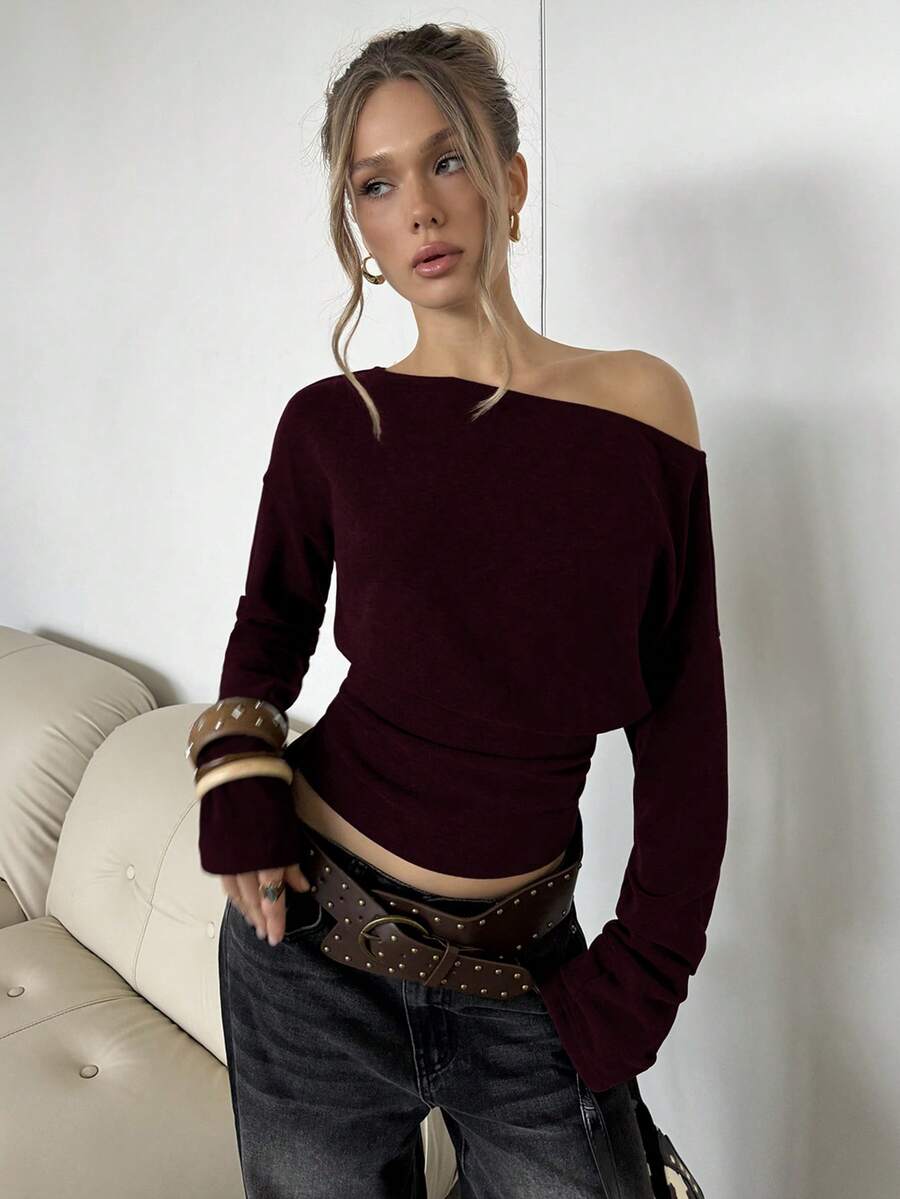 Asymmetrical Knit Long Sleeve Top – Stretch – Casual Autumn Sweater