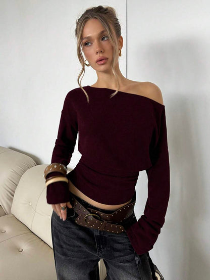 Asymmetrical Knit Long Sleeve Top – Stretch – Casual Autumn Sweater