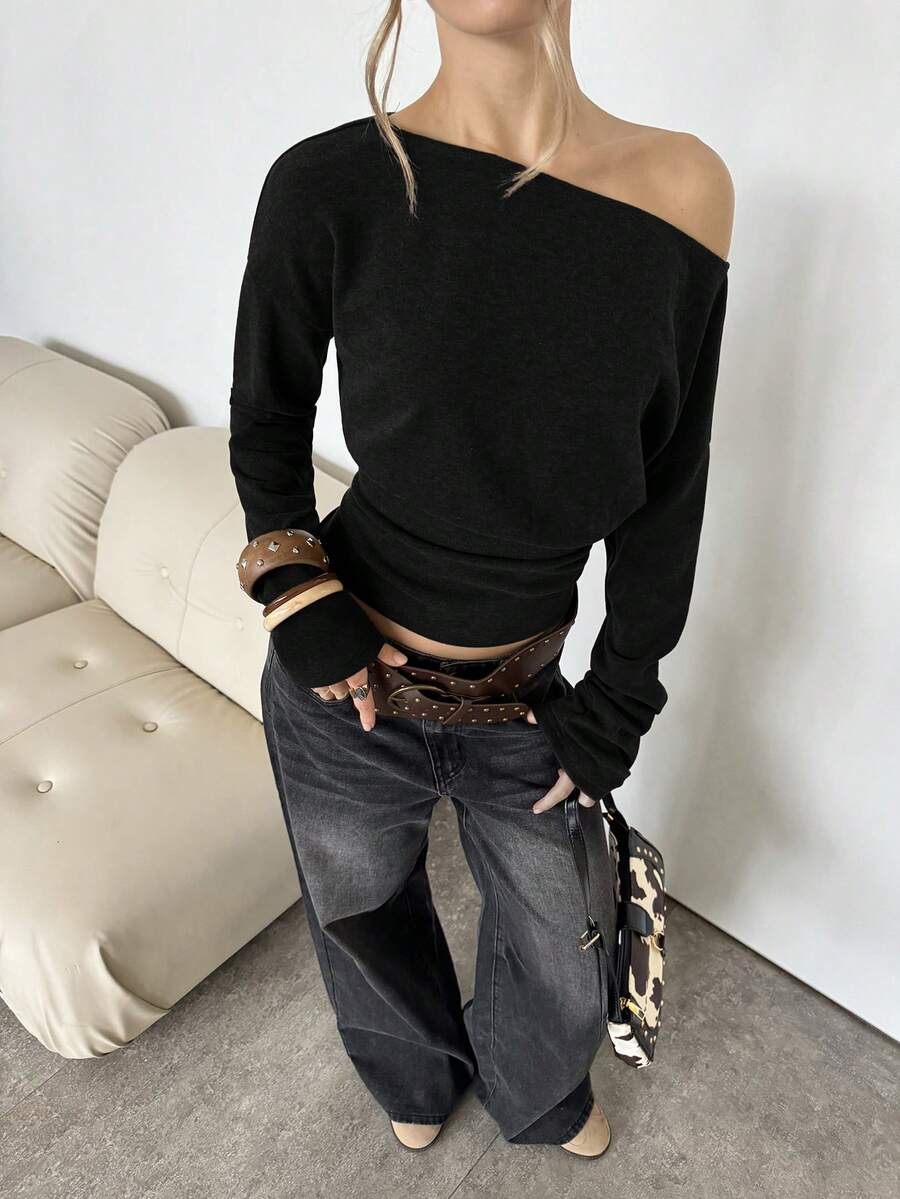 Asymmetrical Knit Long Sleeve Top – Stretch – Casual Autumn Sweater