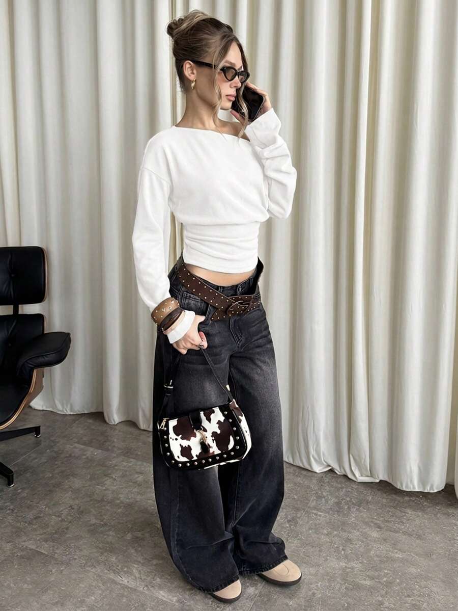 Asymmetrical Knit Long Sleeve Top – Stretch – Casual Autumn Sweater