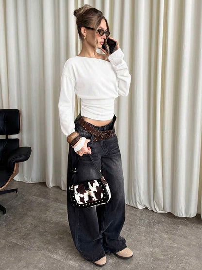 Asymmetrical Knit Long Sleeve Top – Stretch – Casual Autumn Sweater