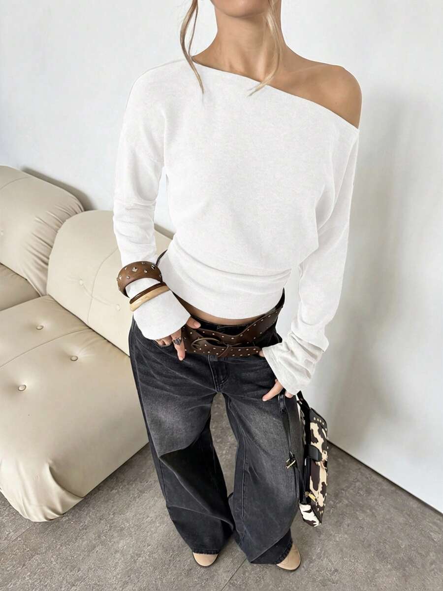 Asymmetrical Knit Long Sleeve Top – Stretch – Casual Autumn Sweater