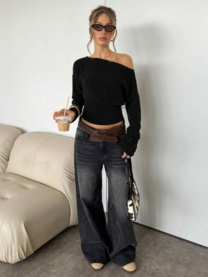 Asymmetrical Knit Long Sleeve Top – Stretch – Casual Autumn Sweater