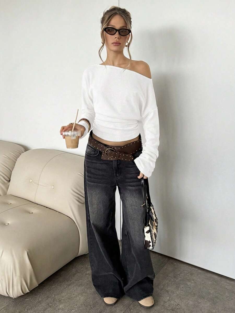 Asymmetrical Knit Long Sleeve Top – Stretch – Casual Autumn Sweater