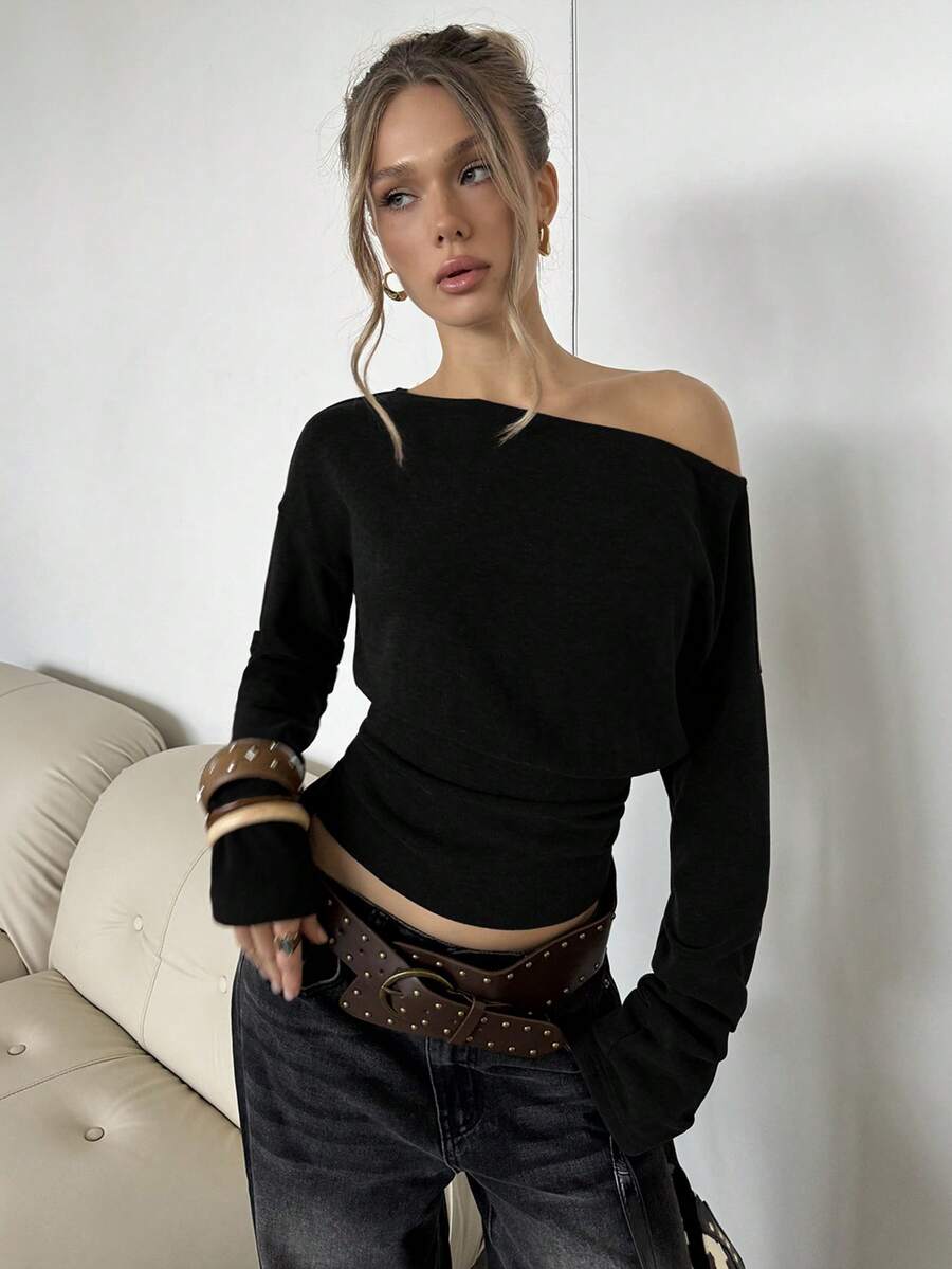 Asymmetrical Knit Long Sleeve Top – Stretch – Casual Autumn Sweater