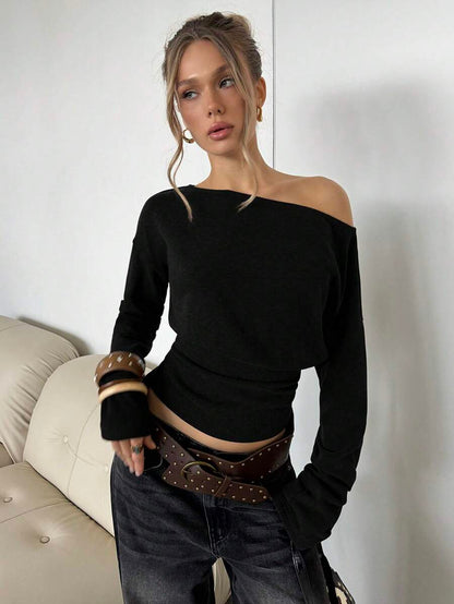 Asymmetrical Knit Long Sleeve Top – Stretch – Casual Autumn Sweater