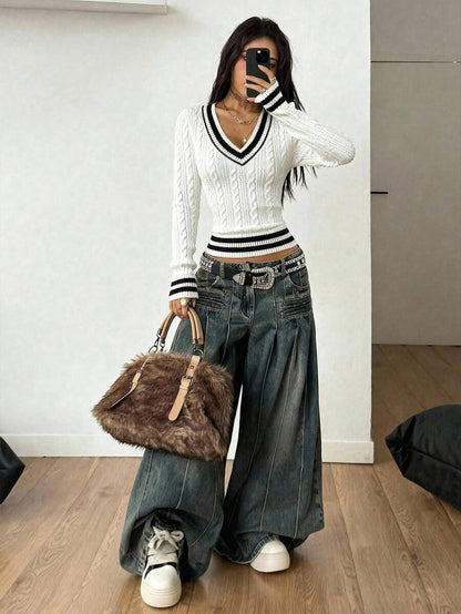 Vintage Ribbed Scoop Neck Sweater – Autumn / Winter – Y2K Knit Pullover