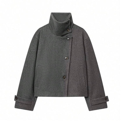 Women Short Jacket Khaki – Minimalist Button Coat – Casual Structured Fit