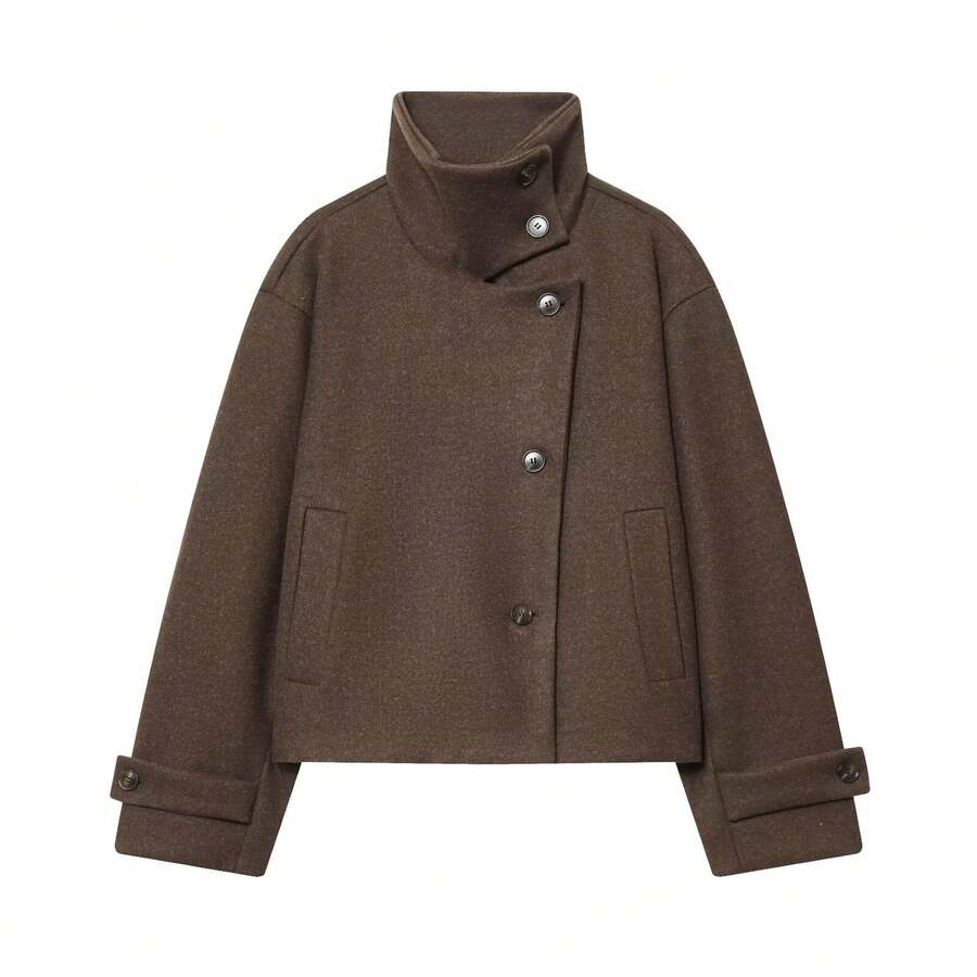 Women Short Jacket Khaki – Minimalist Button Coat – Casual Structured Fit