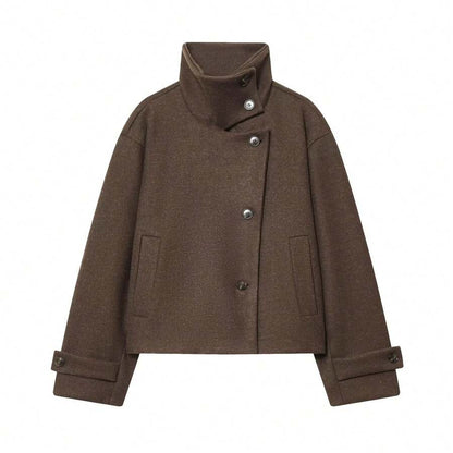 Women Short Jacket Khaki – Minimalist Button Coat – Casual Structured Fit