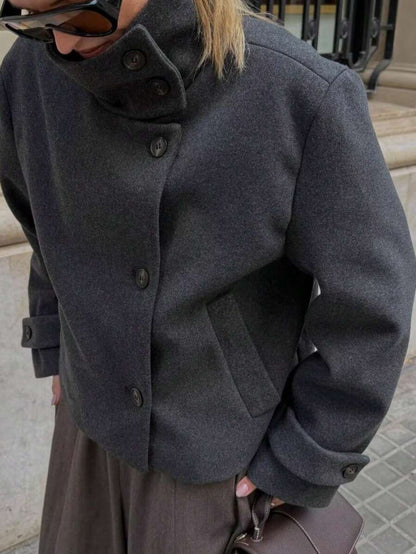 Women Short Jacket Khaki – Minimalist Button Coat – Casual Structured Fit