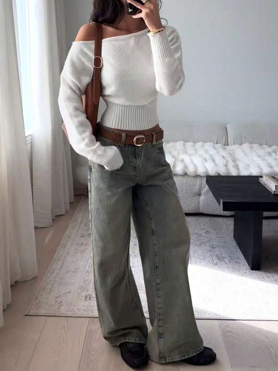 Off Shoulder Knit Sweater – Sexy – Cropped Autumn Pullover