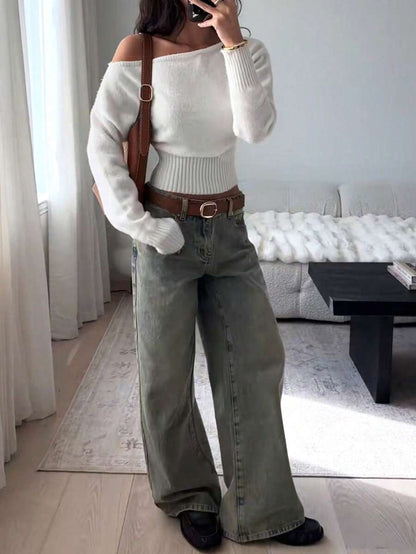 Off Shoulder Knit Sweater – Sexy – Cropped Autumn Pullover