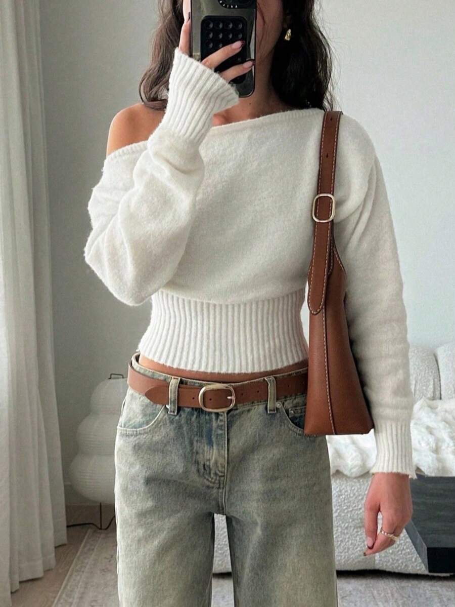 Off Shoulder Knit Sweater – Sexy – Cropped Autumn Pullover