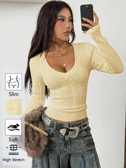 Vintage Ribbed Scoop Neck Sweater – Autumn / Winter – Y2K Knit Pullover