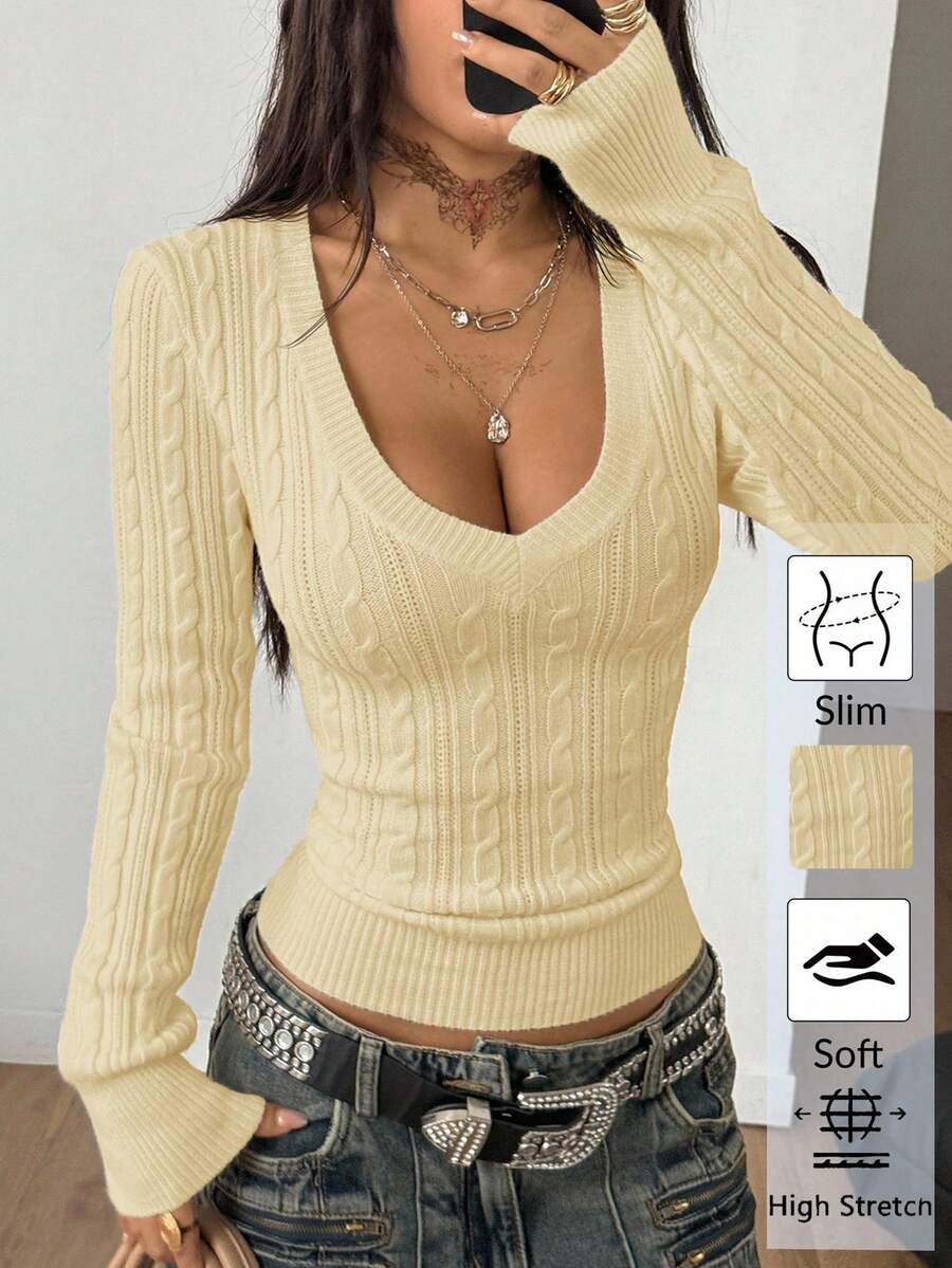 Vintage Ribbed Scoop Neck Sweater – Autumn / Winter – Y2K Knit Pullover