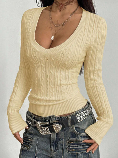 Vintage Ribbed Scoop Neck Sweater – Autumn / Winter – Y2K Knit Pullover