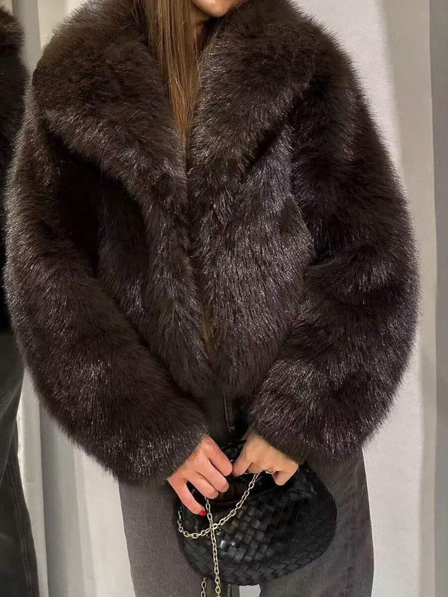 Faux Fur Collar Jacket – Women's Winter Coat – Date Brown Casual Outerwear