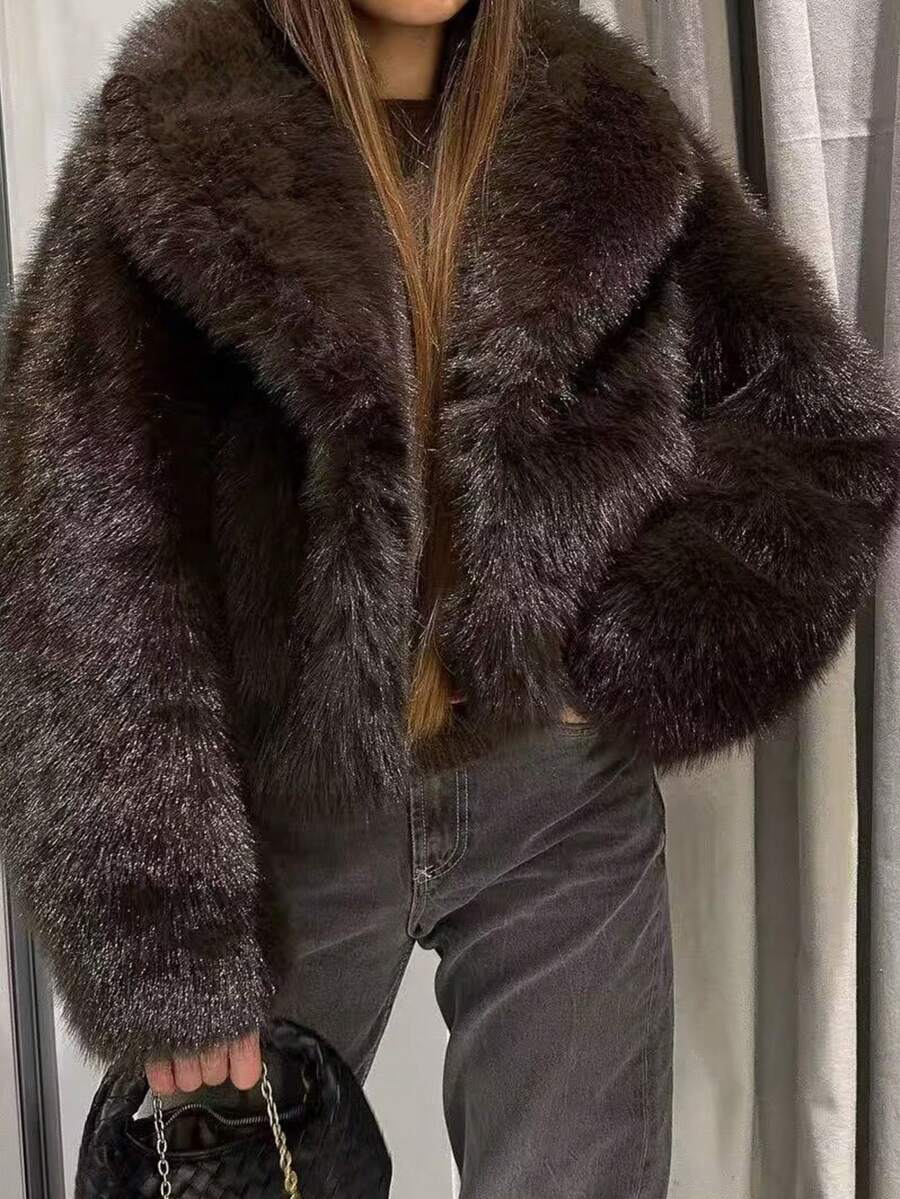 Faux Fur Collar Jacket – Women's Winter Coat – Date Brown Casual Outerwear